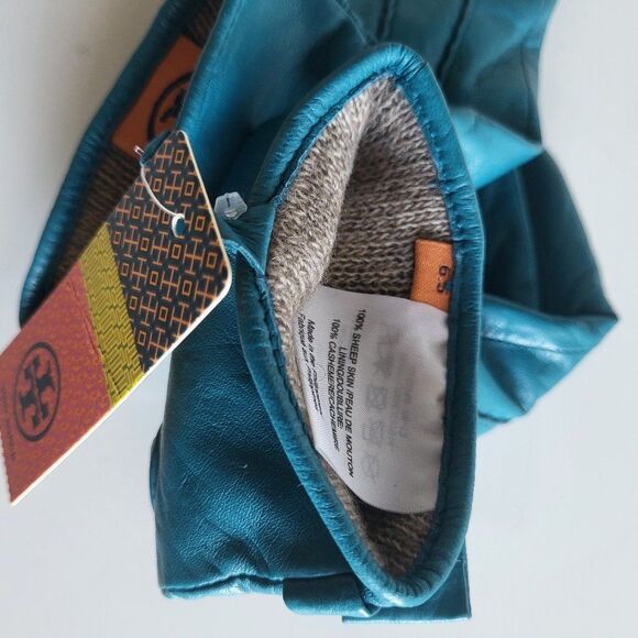 Tory Burch Women's Teal Green Leather Bow Pleated Gloves Size 6.5 - Picture 6 of 10